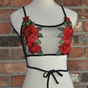 Red Rose Applique Lace Up Black Sheer Mesh Bralette  Festival Tank Top Camis S
